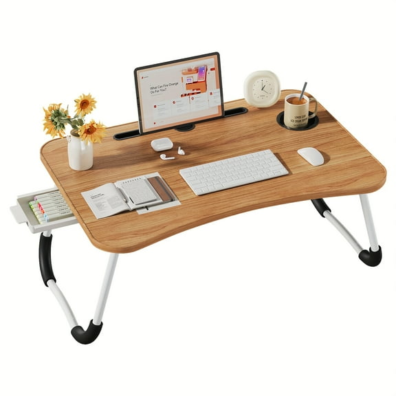 Foldable Laptop Bed Desk Tray - Portable with Cup Holder & Drawer for Bed/Sofa/Study/Eating