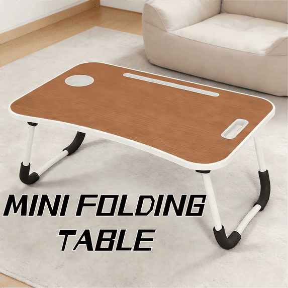 Foldable Laptop Bed Desk (Walnut) - Portable Table with Cup Holder, Tablet Slot for Work & Study