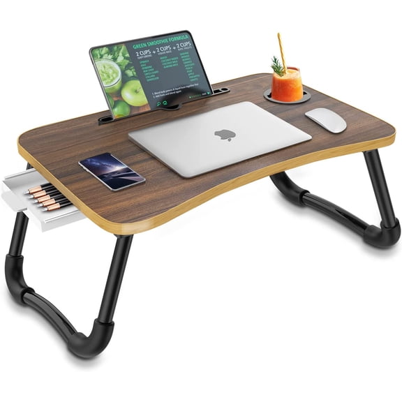Foldable Laptop Bed Table Multi-Function Lap Bed Tray Table with Storage Drawer and Water Bottle Holder, Serving Tray Dining Table with Slot for Eating, Working on Bed/Couch/Sofa