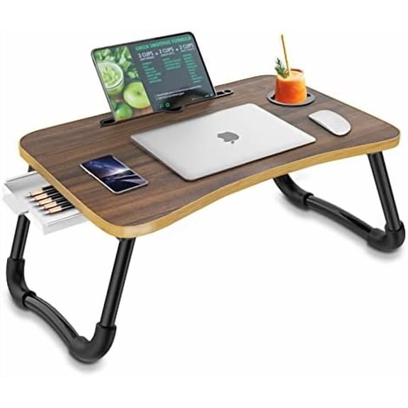 Foldable Laptop Bed Table Multi-Function Lap Bed Tray Table with Storage Drawer and Water Bottle Holder, Serving Tray Dining Table with Slot for Eating, Working on Bed/Couch/Sofa
