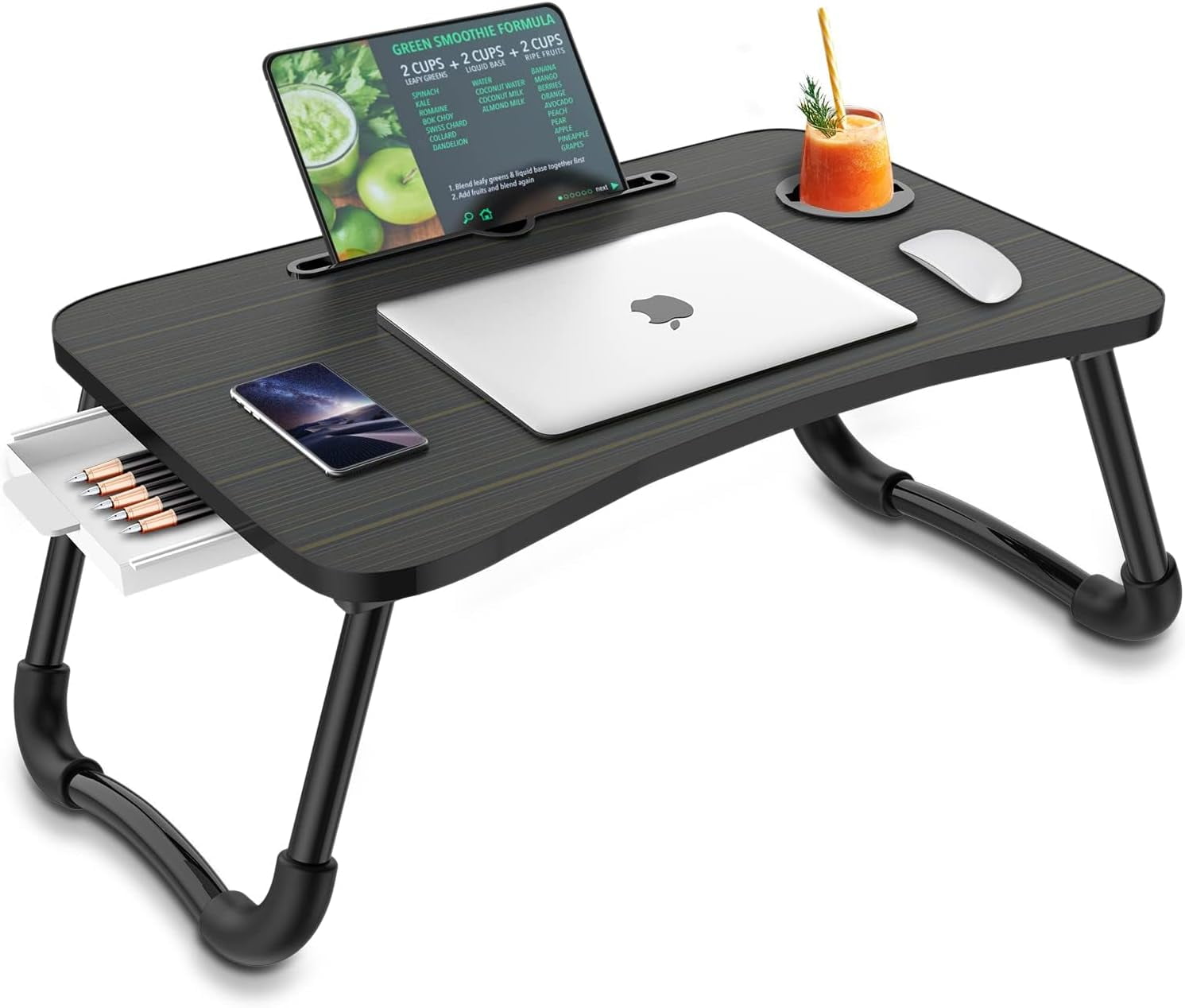 Black Foldable Multi-Function Laptop Bed Table with Storage Drawer