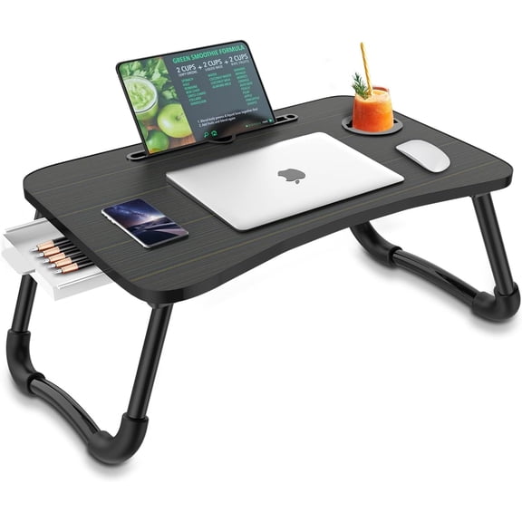 Foldable Laptop Bed Table Multi-Function Lap Serving Tray Dining with Storage Drawer and Water Bottle Holder, Slot for Eating, Working on Couch/Sofa (Arc Shape)
