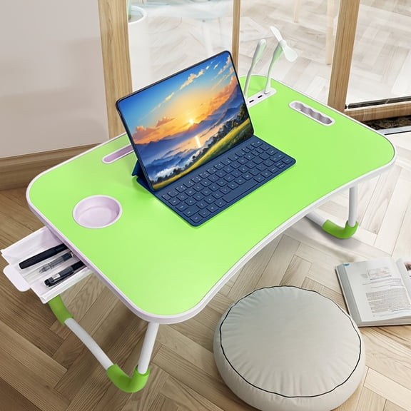 Foldable Laptop Bed Table with Card Slot & Cup Holder - Portable Dining Tray