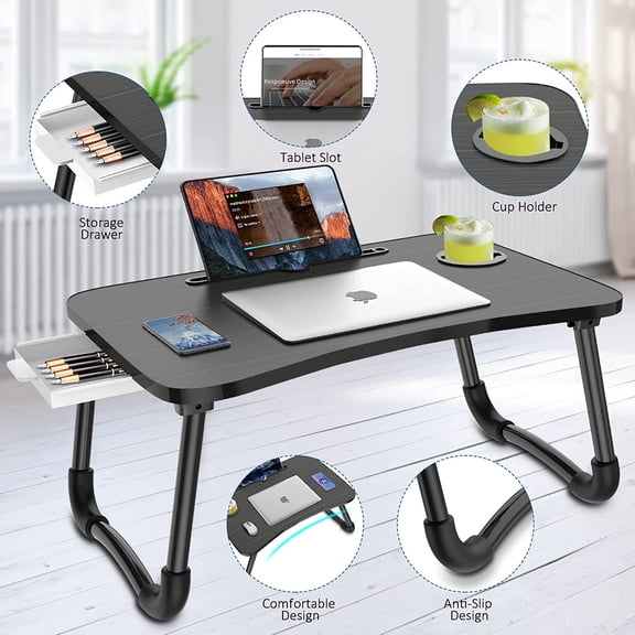 Foldable Laptop Bed Table with Storage Drawer and Cup Holder for Sofa Dorm Camping