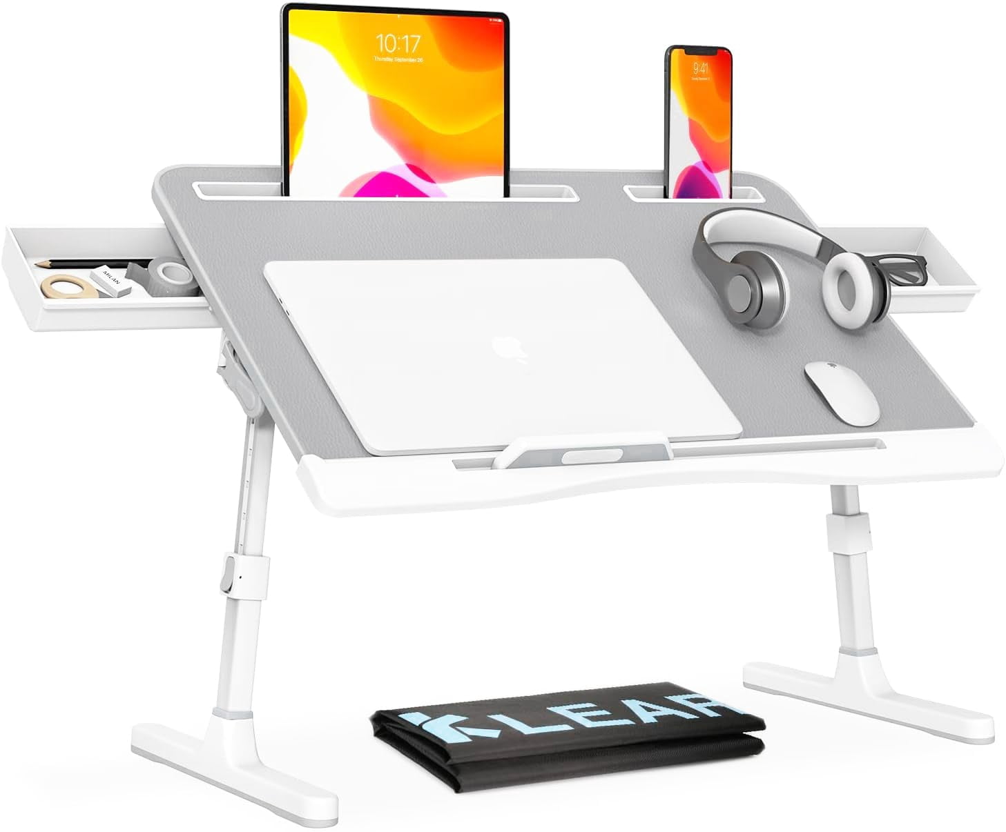 Foldable Laptop Bed Tray Desk With Extral Drawstring Bag  Adjustable Table Heights And Angles Lap For Eating Working Writing Gaming Drawing 2 Drawers(grey)