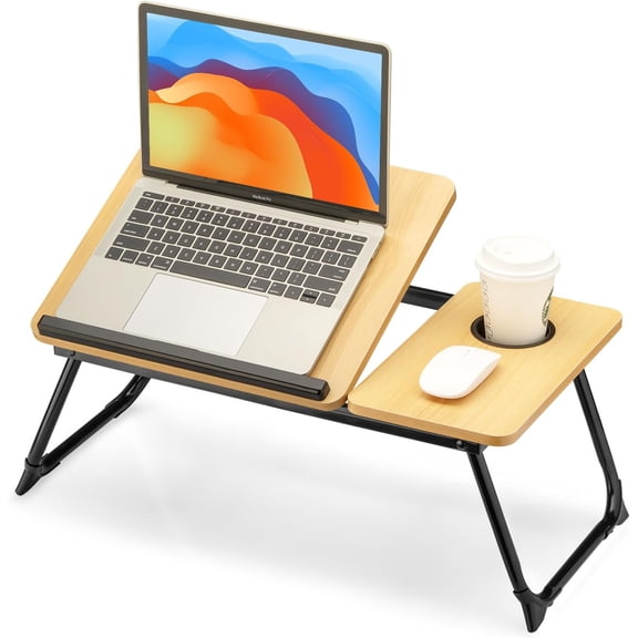 Foldable Laptop Desk for Bed Couch, Adjustable Split Lap Desk with Cup Holder, Portable Lightweight Bed Table Tray, Heavy-Duty Laptop Stand for Working, Writing, Reading and Eating - Oak