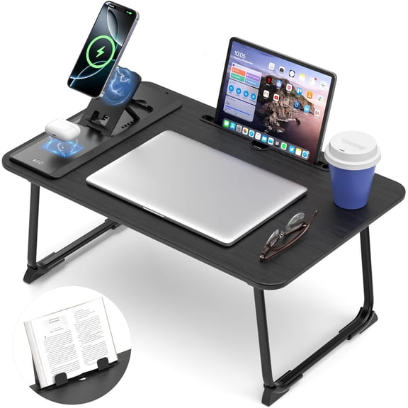 Foldable Laptop Desk for Bed with Wireless Charger - Large Lap Computer Tray Table with Tablet Slot and Book Shelf Read Table for Couch Chair Floor for Writing, Studying Eating, and WFH