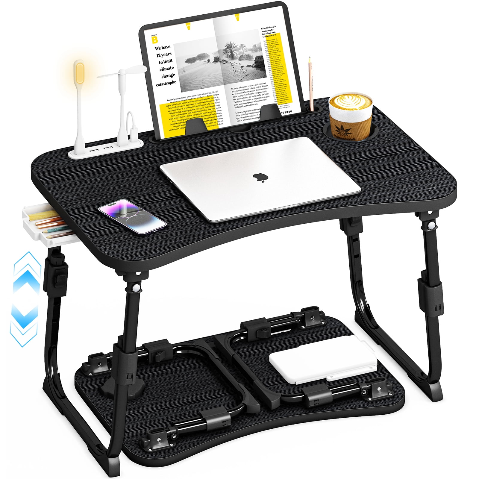 Foldable Laptop Desk,Height Adjustable,with USB/Storage Drawer/Cup Holder/Tablet Stand/Book Shelf for Reading,Writing,Eating,Watching,Black