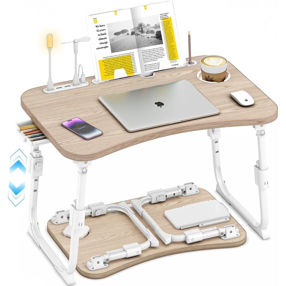 Foldable Laptop Desk,Height Adjustable,with USB/Storage Drawer/Cup Holder/Tablet Stand/Book Shelf for Reading,Writing,Eating,Watching,Glacier