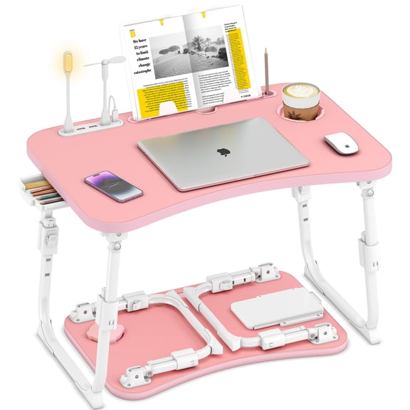 Foldable Laptop Desk,Height Adjustable,with USB/Storage Drawer/Cup Holder/Tablet Stand/Book Shelf for Reading,Writing,Eating,Watching,Pink