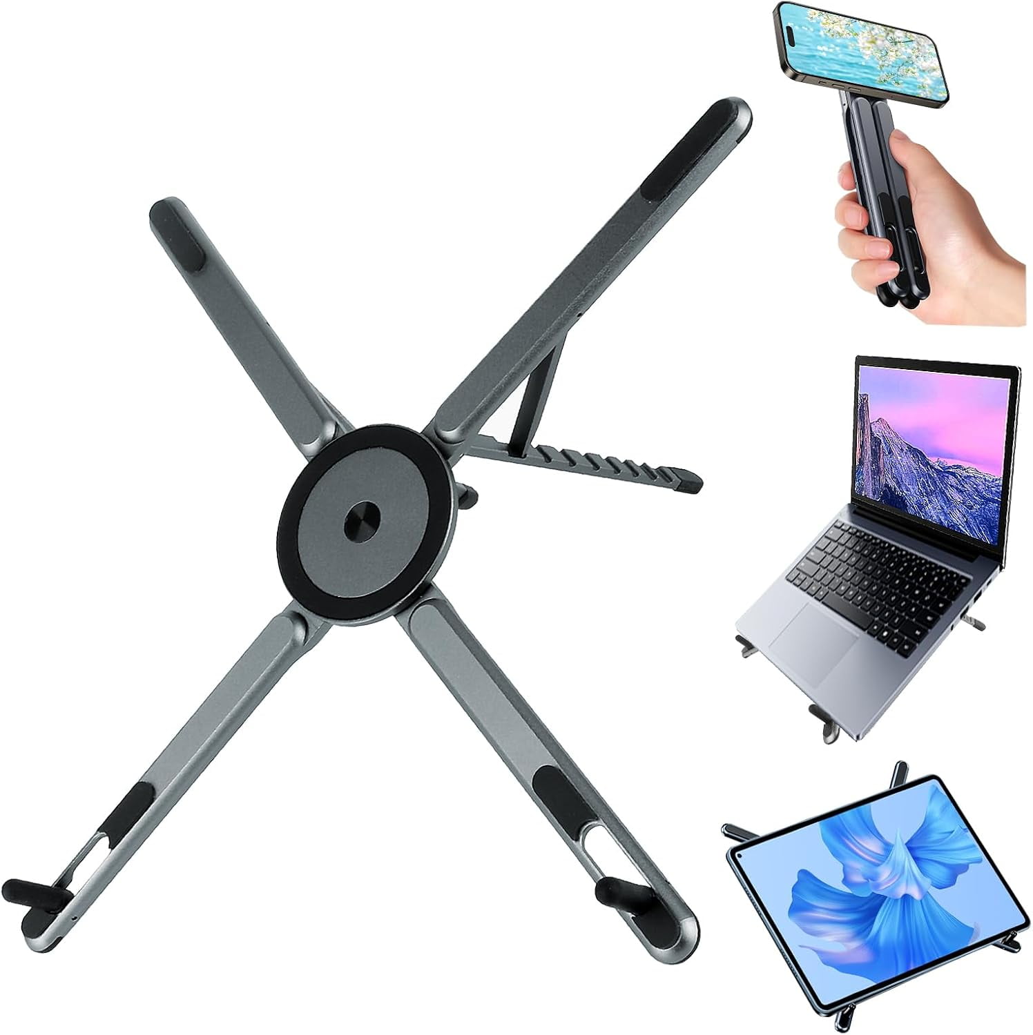 Foldable Laptop Stand for Desk, 3 in 1 Portable Holder for Laptop, Tablet & Phone with Magnetic Mount, Aluminum Alloy Holder with 8 Height Adjustment for 10–16" Laptops and 4–13" Phones/Tablets