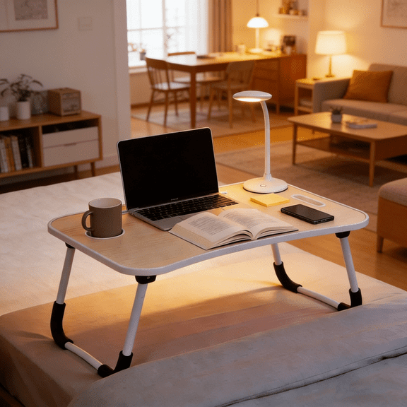 Foldable Laptop Table for Bed & Sofa, Portable Lap Desk with Cup Holder & Tablet Slot, Spacious Stable Desk for Work Study Breakfast Outdoor, Heavy-Duty Non-Slip(Off-White)