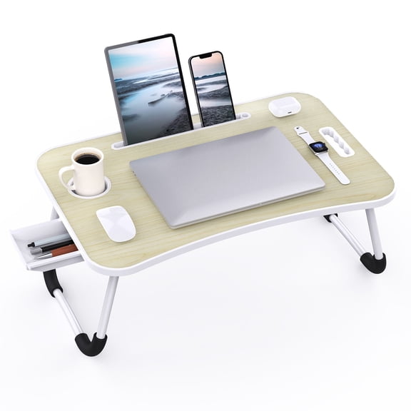 Foldable Laptop Table,Portable Lap Desk Bed Table Tray Stand with Cup Holder and Tablet Slot for Working Writing Drawing and Eating (White Oak)