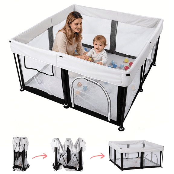 Foldable Large Baby Playpen, 50"x50" with 30 Ocean Balls, Collapsible Quick Setup with Carry Bag, Indoor Outdoor Safty Play Yard for Babies and Toddlers, White