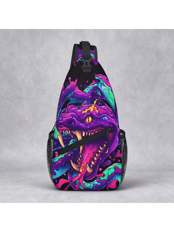 Colorful Angry Snake Print Sling Bag, Foldable Crossbody Backpack for Travel and Hiking