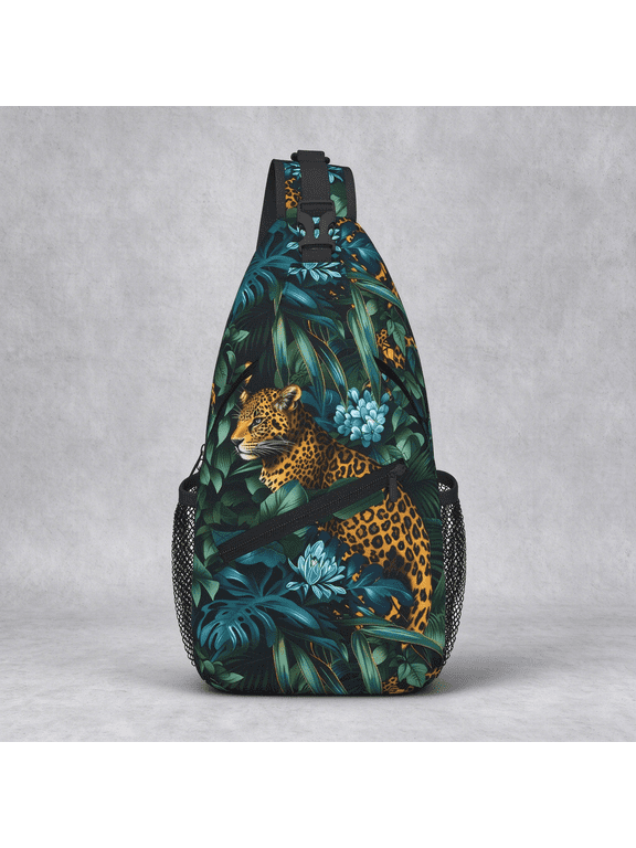Jungle Leopard Pattern Sling Bag, Foldable Crossbody Backpack for Travel Work and Beach