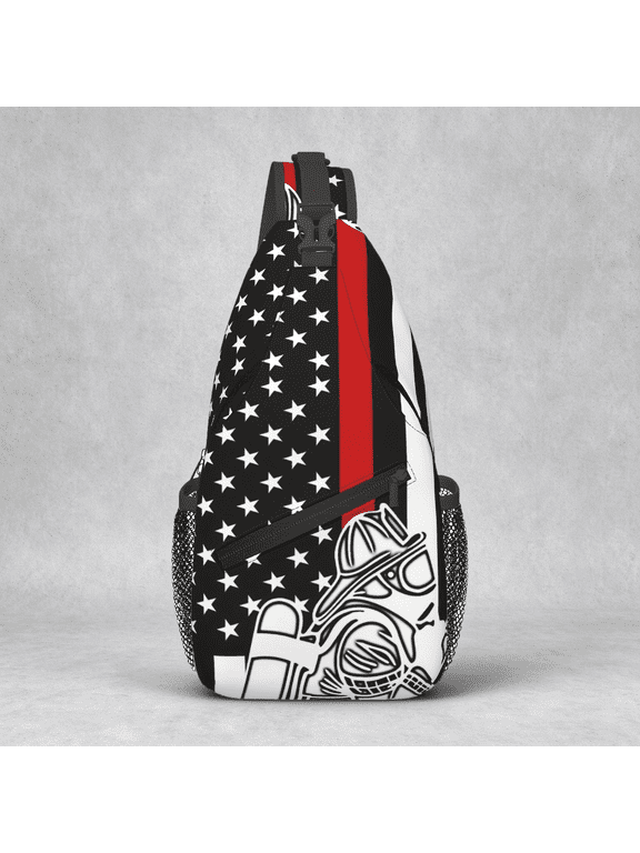 Red Line Firefighter Flag Sling Bag, Foldable Crossbody Backpack for Travel and Work