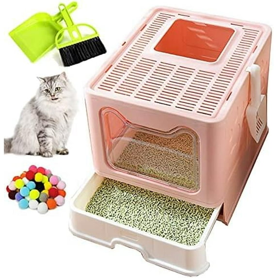 Foldable Large Cat Litter Box Enclosed Cat Potty with Drawer Top Entry Type Anti-Splashing Cat Toilet with Lid and Cat Litter Scoop No Smell Cat Supplies for Cats and Kittens-Pink