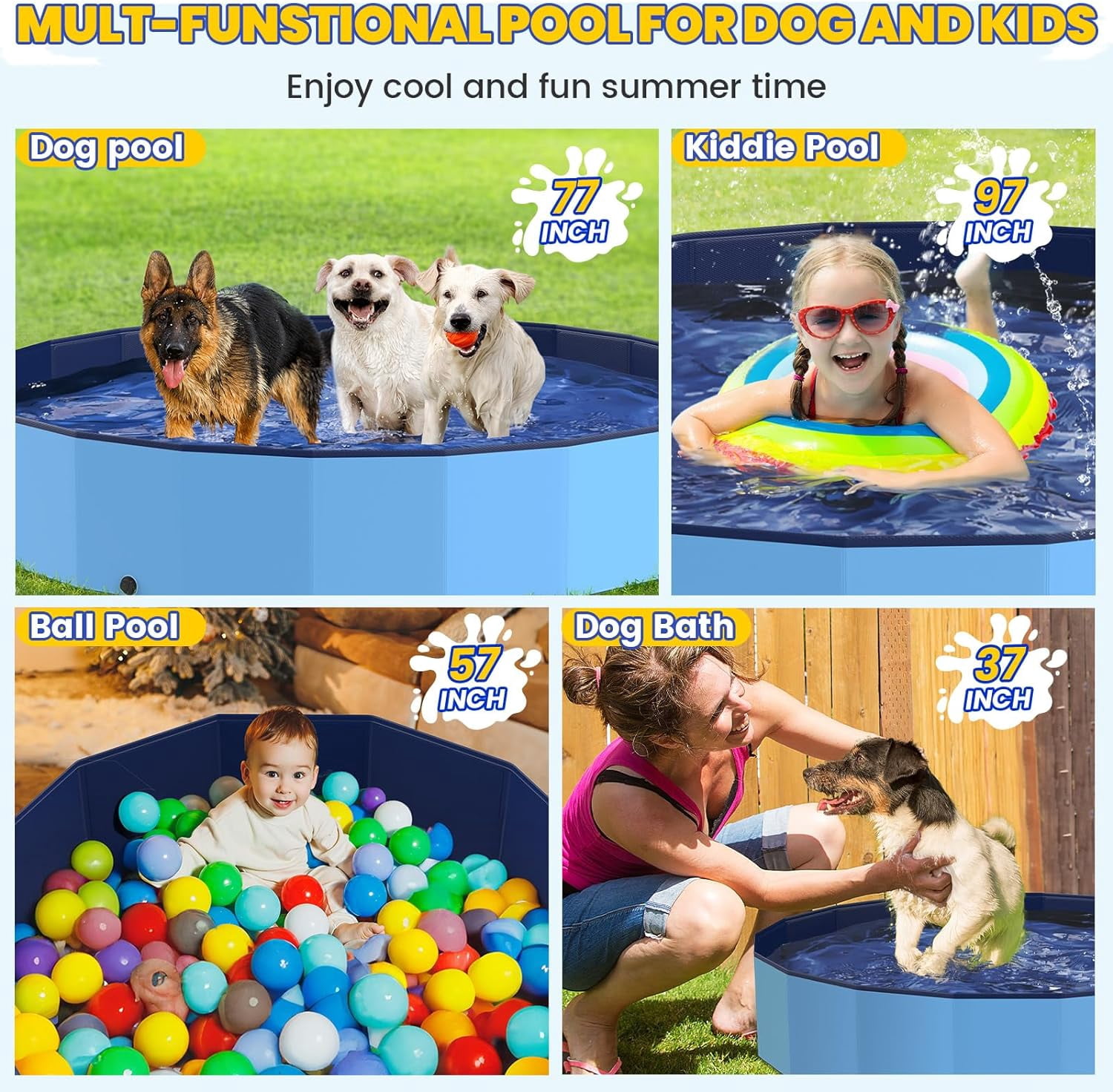 Foldable Large Dog and Kids Swimming Pool, 77" XXL Heavy Duty Non-Slip Outdoor Pool with Quick Drain