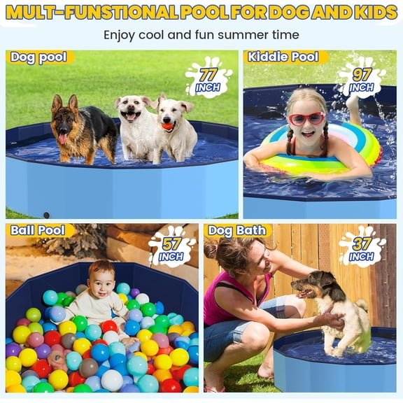Foldable Large Dog and Kids Swimming Pool, 77" XXL Heavy Duty Non-Slip Outdoor Pool with Quick Drain