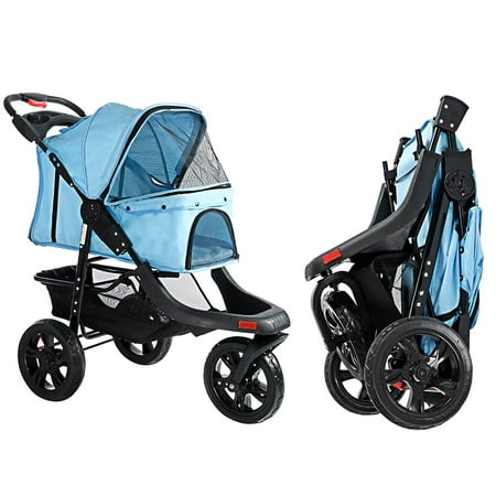 Foldable Large Pet Jogger Dog Stroller with Breathable Mesh Windows for Dog/Cat, 3-Wheel Portable Pet Stroller with Extra Large Storage Space, Blue
