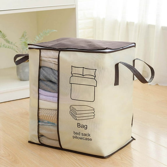 Foldable Large Storage Bags for Comforter Quilt Blanket Clothes with Clear Window & Handles, Easy to Fit King Size Comforter Set, Closet Under Bed Organizer (Beige) 17.7x11.8x19.7"
