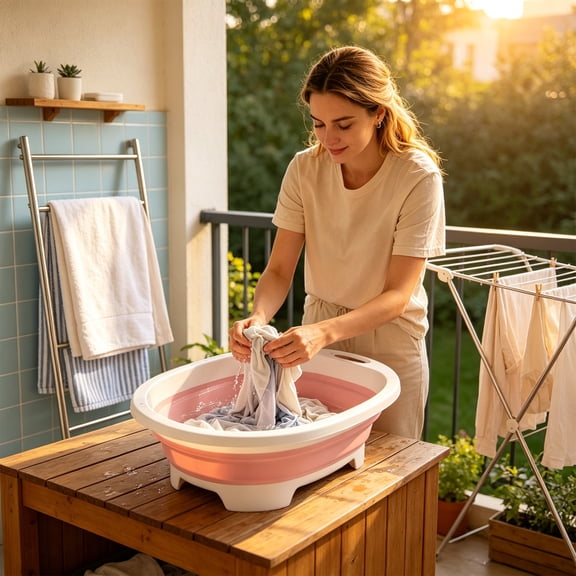 Foldable Laundry Basin Collapsible Wash Tub - Medium Thickened Plastic Round Tub for Hand Washing Clothes, Travel Camping, Portable Sink for Home Dorm RV - Built-in Textured Base, Hanging Loop