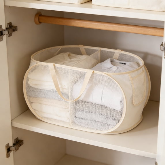 Foldable Laundry Basket with Compartments, 19.86GAL Two Section Mesh Hamper for Sorting Clothes, Collapsible Laundry Sorter with Handles for Bedroom Dorm Travel, Space-Saving Storage Organizer