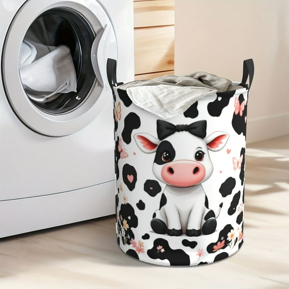 Foldable Laundry Basket with Cute Cow Print - Durable Oxford Fabric, Large Capacity, Round Design with Handle, Suitable for Bedroom, Bathroom, Toys and Clothing Storage, Laundry Basket
