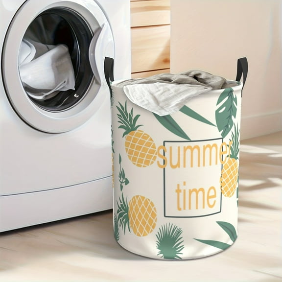 Foldable Laundry Basket with Handle - Summer Pineapple Green Leaf Printed Storage Basket, Durable Polyester Portable Organizer, Suitable for Bedrooms, Bathrooms, Toys, Clothes and Household Items