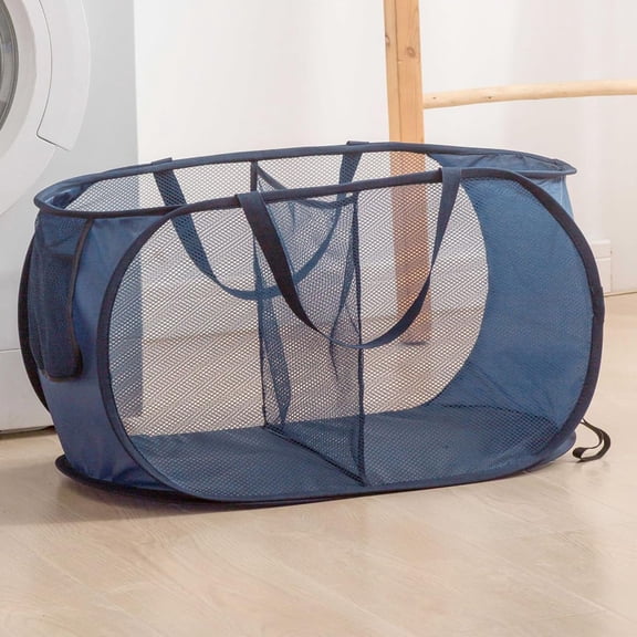 Foldable Laundry Basket Mesh Hamper, Rvkxad 19.86GAL Nylon Laundry Sorter Two Compartments, Heavy Duty Reinforced Handles Portable Collapsible Laundry Basket for Dorm Home Travel, Blue