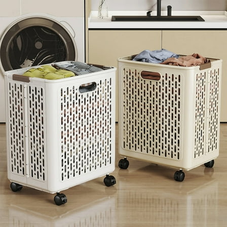 Foldable Laundry Basket, Plastic Hamper with Wheels and Handle, for Bedroom Organization, Playroom Storage, and Home Use, FAJHHA | White