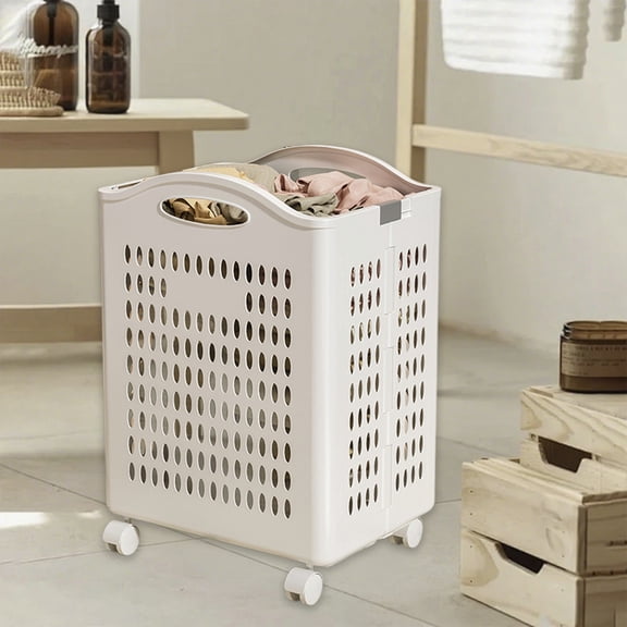 Foldable Laundry Basket, Portable Dirty Clothes Hamper with Wheels, Multi Functional Toy Storage Basket with Handle, Plastic Waterproof, Ventilated, Space Saving, Easy to Transport and Maintain