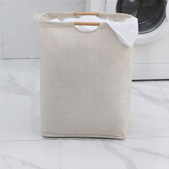 Foldable Laundry Basket | Portable Skinny Hamper for Dirty Clothes & Linens | Collapsible Fabric Storage Bin for Home, Bedroom & Bathroom | Beige Sackcloth Material