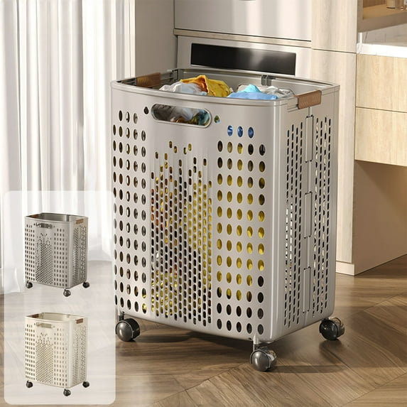 Foldable Laundry Basket with Wheels | Portable Plastic Clothes Hamper | Multipurpose Rolling Storage Bin with Handle | Ventilated, Space-Saving Organizer | 43.3x34x26cm | White Gray
