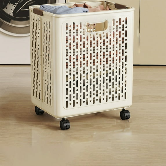 Foldable Laundry Basket with Wheels & Handle | Portable Collapsible Hamper for Clothes, Storage | White or Beige Plastic Organizer | 1 Count