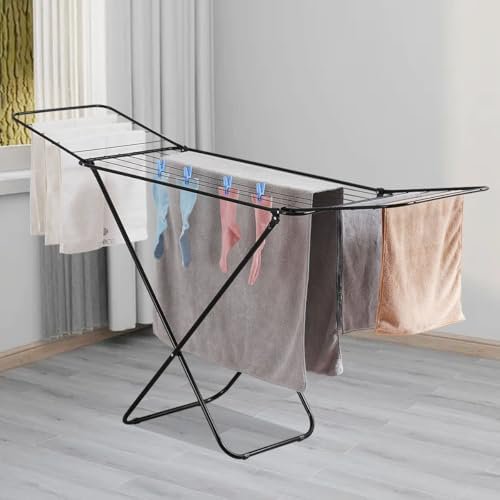 Foldable Laundry Drying Rack for Clothes Towels Dolls, Portable Shoes & Clothes Rack for Indoor & Outdoor Use, Space-Saving Design, Easy to Fold Gullwing Design, Sturdy Metal, Black