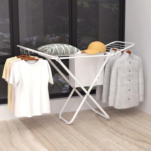 Foldable Laundry Drying Rack for Clothes Towels Dolls, Portable Shoes & Clothes Rack for Indoor & Outdoor Use, Space-Saving Design, Easy to Fold Gullwing Design, Sturdy Metal, White