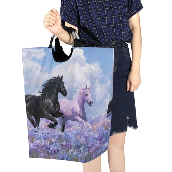 Foldable Laundry Hamper Bag with Handles Dirty Clothes Basket 12.6" x 11" x 22.7" Black Horse and Pink Unicorn