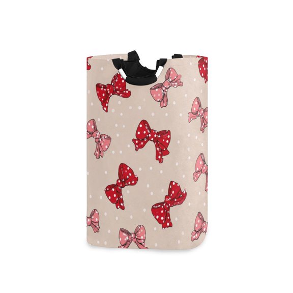 Foldable Laundry Hamper Bag with Handles Dirty Clothes Basket 12.6" x 11" x 22.7" Cute Red Bows Pattern