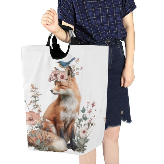 Foldable Laundry Hamper Bag with Handles Dirty Clothes Basket 12.6" x 11" x 22.7" Fox with A Bird