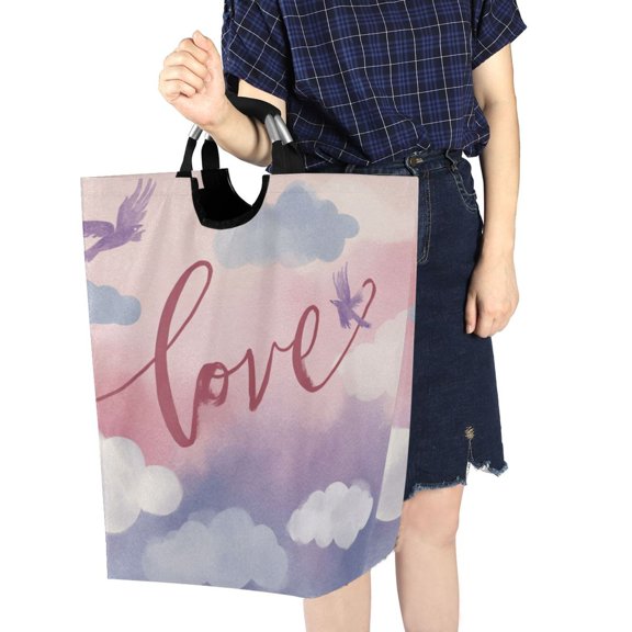 Foldable Laundry Hamper Bag with Handles Dirty Clothes Basket 12.6" x 11" x 22.7" Gentle Clouds and Flying Birds