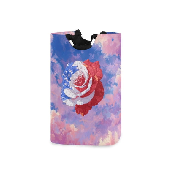 Foldable Laundry Hamper Bag with Handles Dirty Clothes Basket 12.6" x 11" x 22.7" Rose with Flag Pattern
