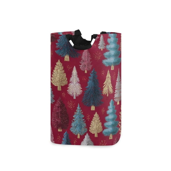 Foldable Laundry Hamper Bag with Handles Dirty Clothes Basket 12.6" x 11" x 22.7" Stylized Christmas Trees