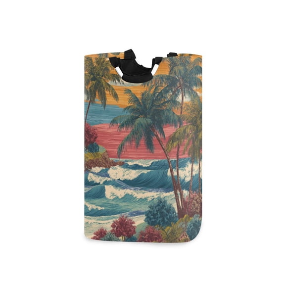 Foldable Laundry Hamper Bag with Handles Dirty Clothes Basket 12.6" x 11" x 22.7" Tropical Beach Pattern