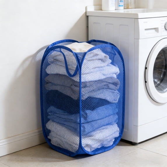 Foldable Laundry Hamper, Mesh Clothes Basket with Side Pocket and Carry Handles, Collapsible Storage Bin for Dirty Clothes, Toys, and Groceries