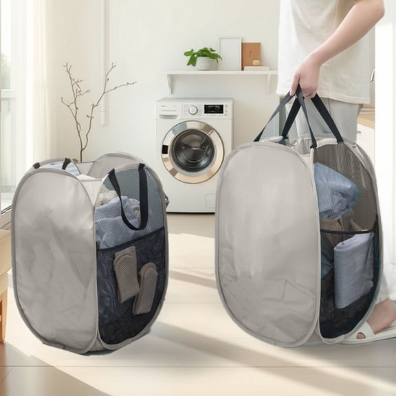 Foldable Laundry Hamper with Storage Pockets - 23 Inch Collapsible Clothes Basket - Portable Pop Up Hamper for Dorm, RV, Bedroom - Easy Open & Close Mesh Laundry Organizer