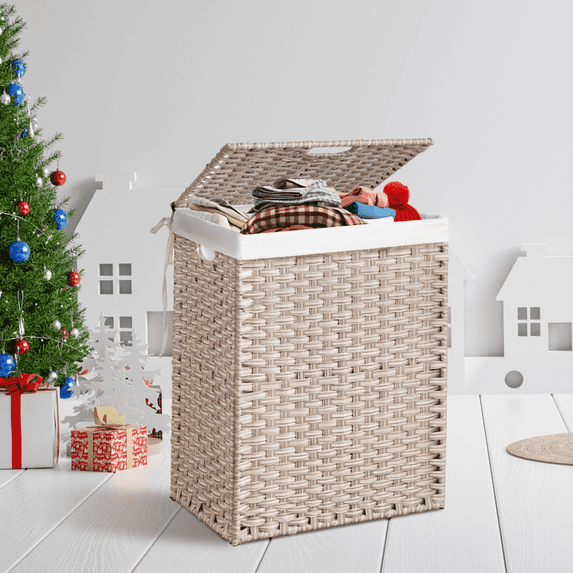 Foldable Laundry Hamper with Lid, PE Rattan Laundry Basket with 1 Removable Bag, for Dorm, Bedroom, Gray