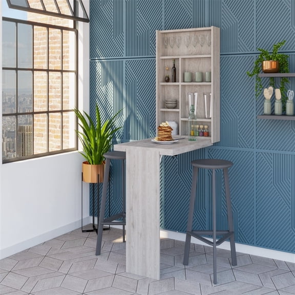 Foldable Light Gray Wall Table - Hutch with 7 Shelves for Rooms with Limited Space