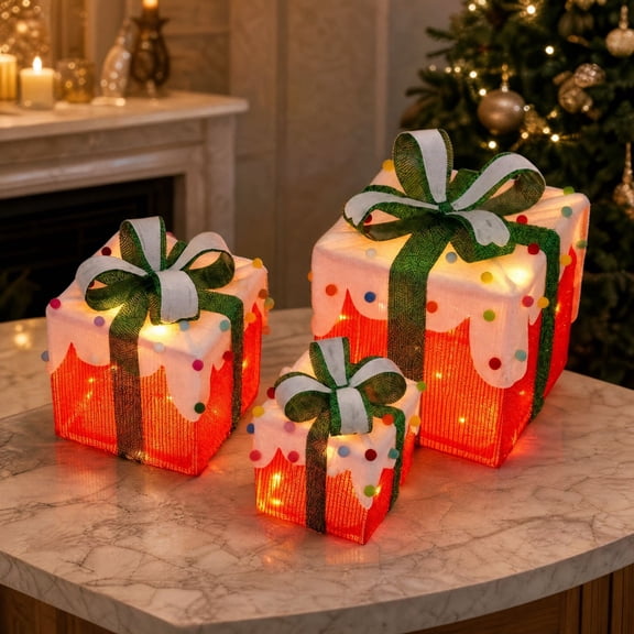 Foldable LightUp Christmas Gift Box Lamp, Plastic BatteryOperated LED Present Decor with Remote Control 8 Lighting Modes for Entryway Tabletop Indoor Xmas Holiday Home Decoration